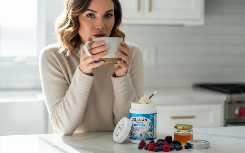 “Elegant woman holding coffee with collagen powder nearby, wellness lifestyle aesthetic, soft lighting, modern kitchen”