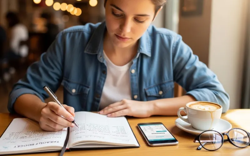person calculating travel food budget, notebook with expenses, cafe table.