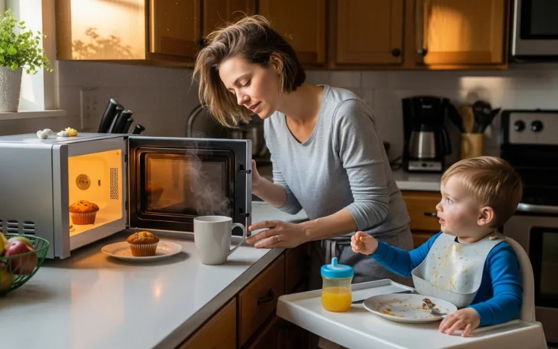 “parent microwaving muffin and serving toddler quickly, simple morning routine”