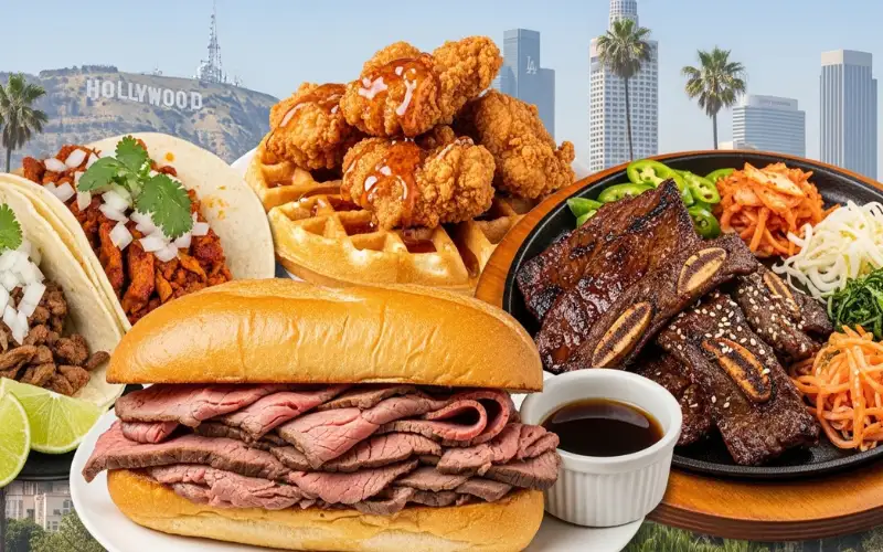 “French dip sandwich, street tacos, Korean BBQ, waffles and fried chicken, LA iconic food collage”