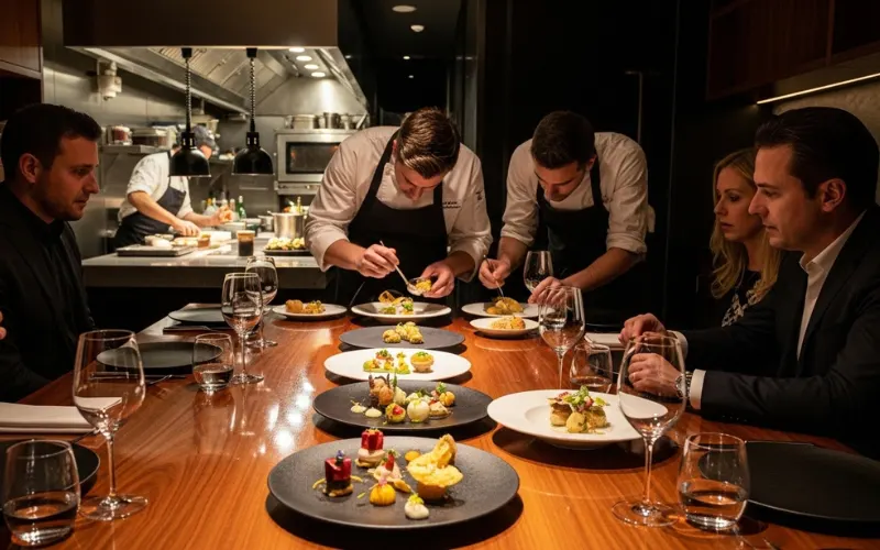 “intimate chef table dining, small modern restaurant, tasting menu dishes, artistic plating, dark luxury interior, exclusive experience”