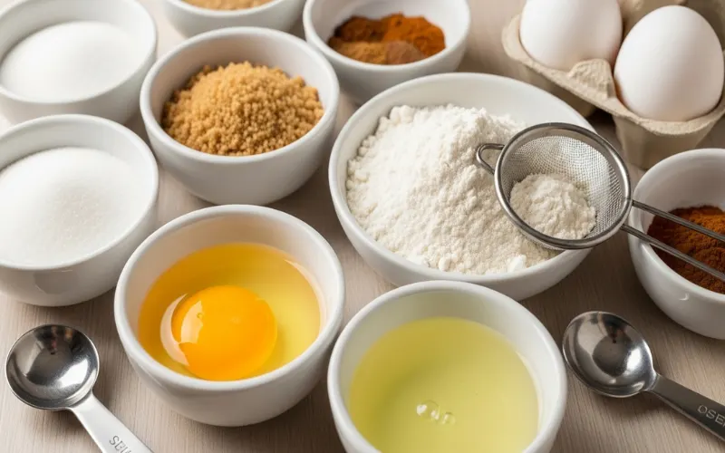“Close-up of baking ingredients measured precisely in bowls, eggs separated, flour sifted, clean aesthetic”