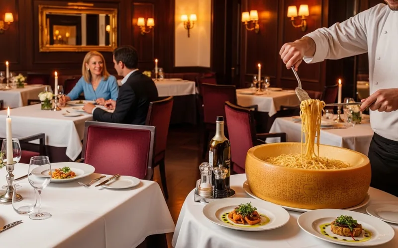 “italian restaurant elegant interior, pasta prepared in parmesan cheese wheel, candlelight dinner, warm lighting, fine dining Italian food”