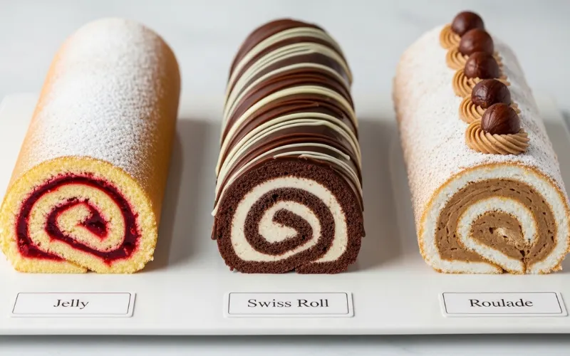 “Three rolled cakes side by side labeled jelly roll, Swiss roll, roulade, different fillings and styles, clean comparison layout”