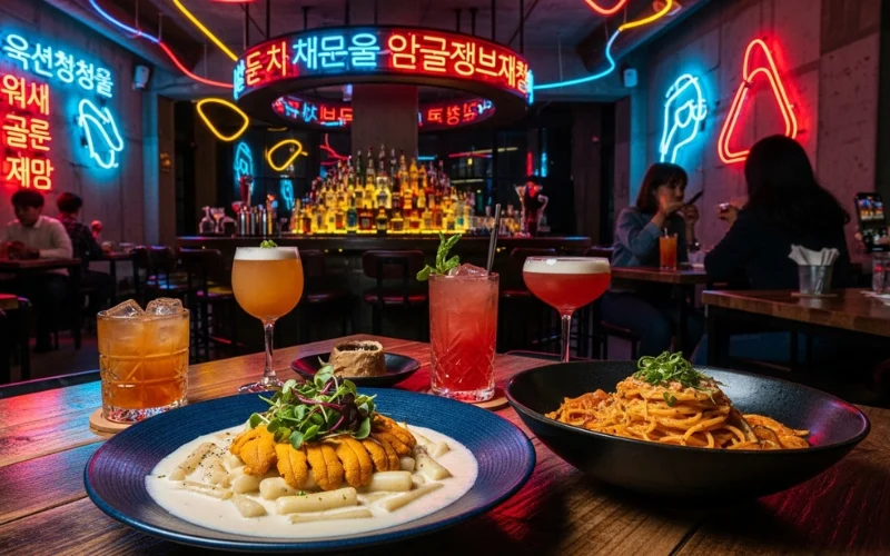 “Modern Korean bar restaurant, uni tteokbokki, fusion pasta, cocktails, neon lights, Seoul nightlife atmosphere”