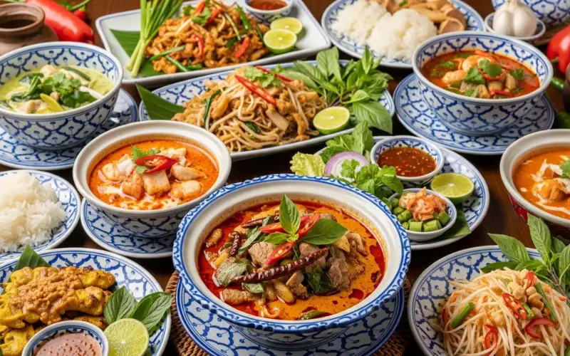 “Spicy Thai jungle curry, Thai food table full of dishes, colorful Thai cuisine, food photography”