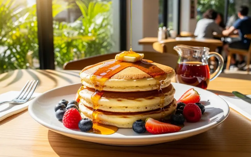 fluffy pancakes with syrup, bright breakfast cafe, tropical sunlight.
