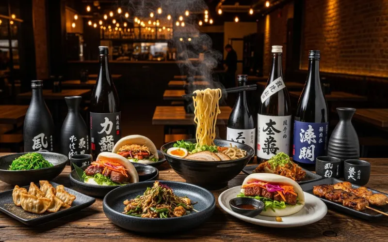 Japanese izakaya small plates, bao buns, ramen noodles, sake bottles, modern industrial restaurant