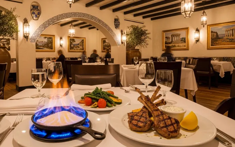 Greek Mediterranean restaurant, saganaki flaming cheese, lamb chops, elegant dining interior, warm lighting