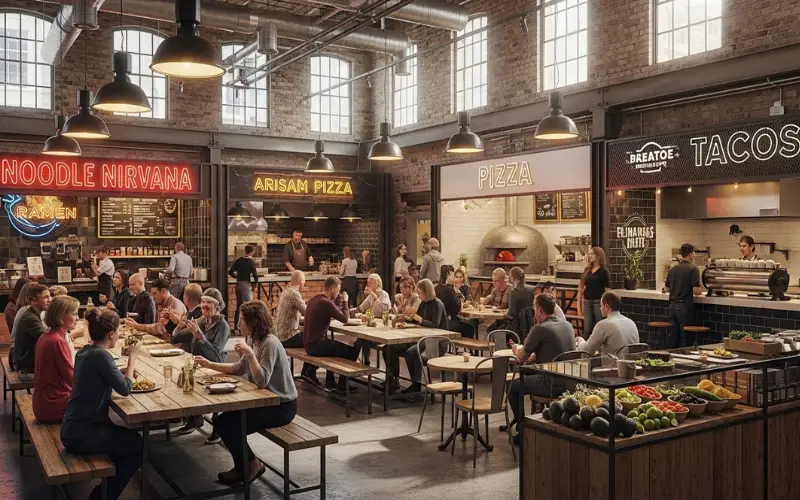 Modern food hall, multiple food stalls, people eating, industrial building interior