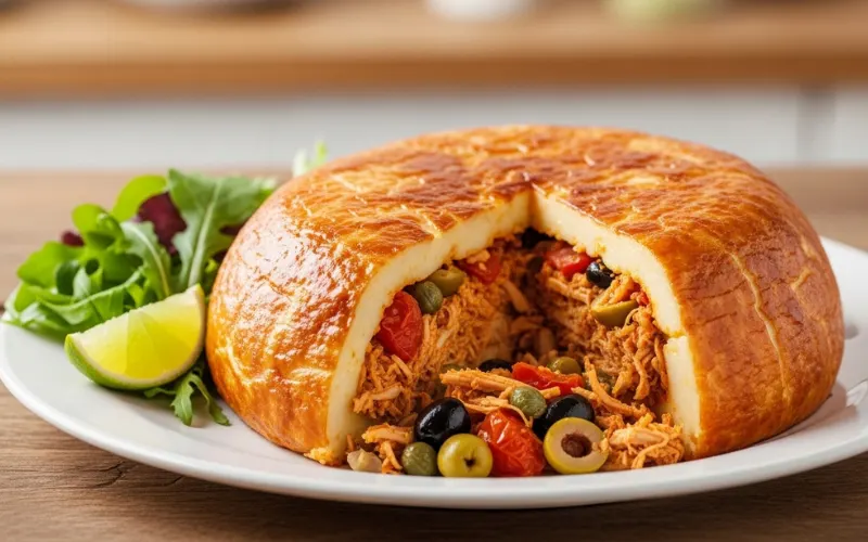 “keshi yena aruba dish, stuffed cheese baked golden, sliced open showing filling, traditional Caribbean food, rustic presentation”