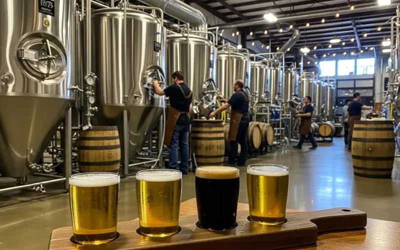 Craft beer flight, brewery interior, stainless steel tanks