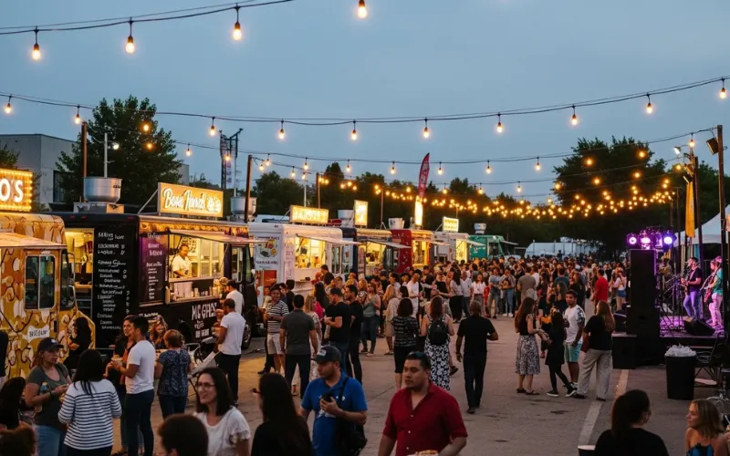 Outdoor food festival, food trucks, crowds, string lights, live music