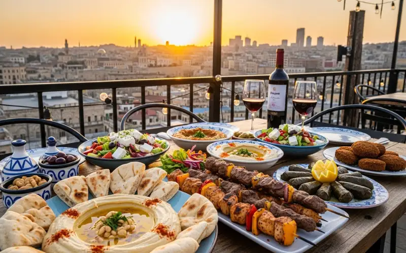 Mediterranean food spread, hummus, kebabs, pita, rooftop dining view