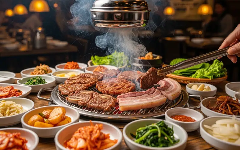 “Korean BBQ grill with meat cooking, banchan side dishes, smoky restaurant atmosphere, warm lighting”
