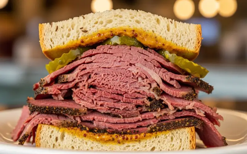 “Pastrami sandwich stacked high, rye bread, deli style sandwich, close up food photo”