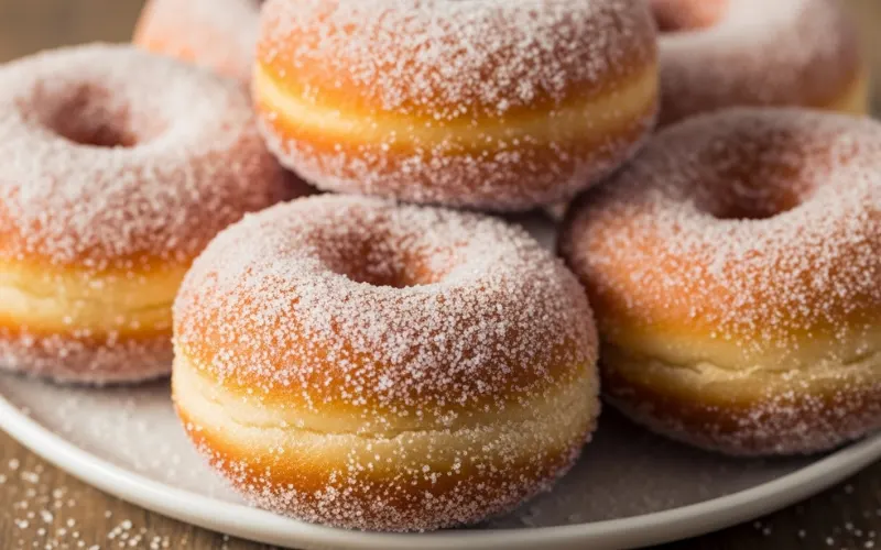 fresh malasadas coated in sugar, close-up food shot, soft texture.