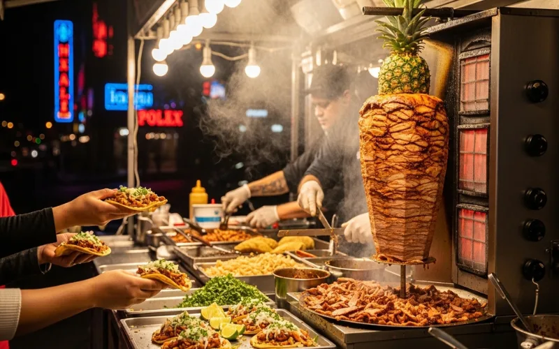 “Al pastor tacos from taco truck, trompo spinning pork, street tacos at night, Los Angeles street food”