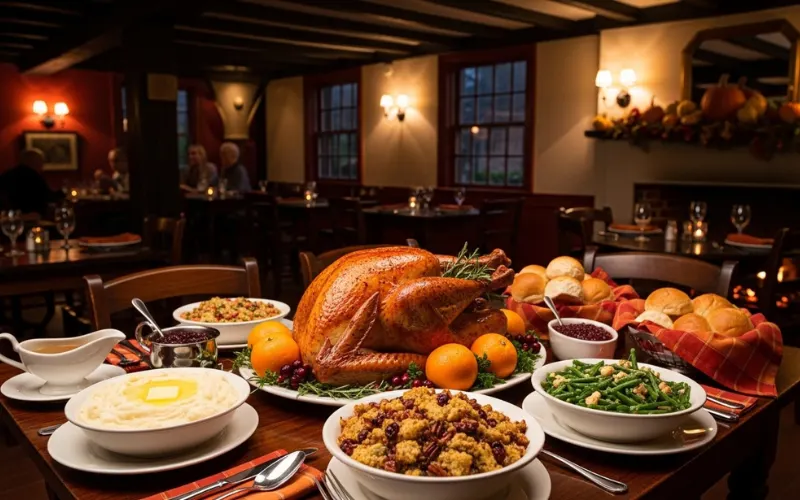 Thanksgiving style dinner, roast turkey, mashed potatoes, stuffing, cozy colonial American restaurant interior