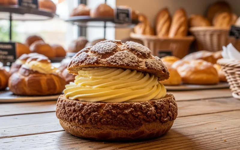 cream-filled pastry (coco puff), bakery counter, dessert focus.