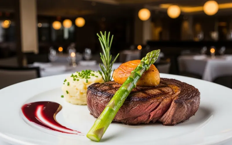 Fine dining steak plating, upscale western restaurant interior