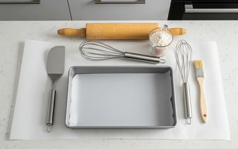 “Jelly roll pan lined with parchment paper, baking tools arranged neatly, overhead kitchen setup”