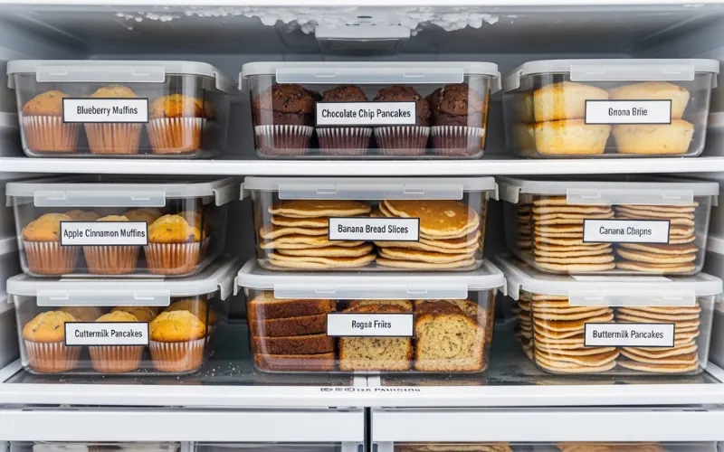 “freezer filled with labeled containers of muffins pancakes and banana bread, organized meal prep”