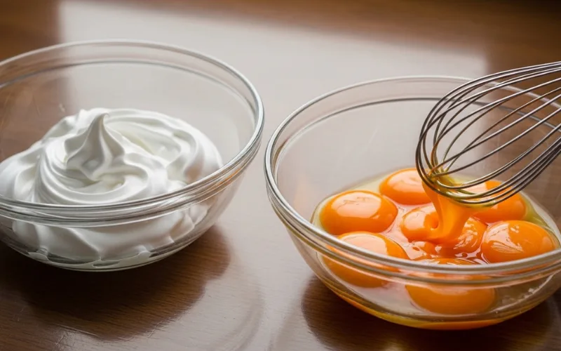 “Egg whites whipped to stiff peaks, glossy texture, yolks being whisked to ribbon stage, dual bowls”