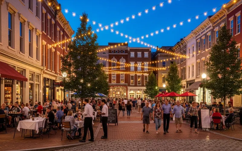 Market Square Knoxville, outdoor dining, historic buildings, string lights, lively square, people walking and eating