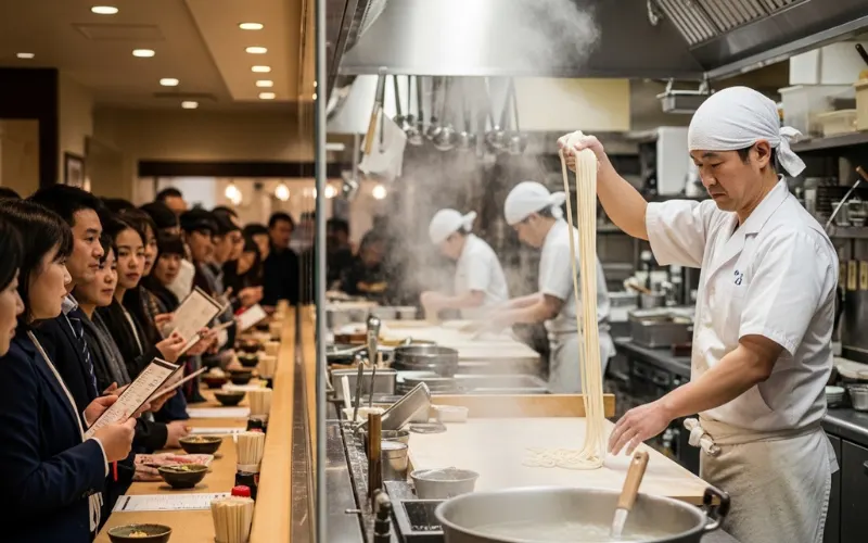 chef making fresh udon noodles behind glass, steam rising, busy queue line.