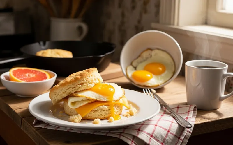 Fresh homemade biscuits sandwich, eggs and cheese, small kitchen counter, morning light, rustic breakfast vibe