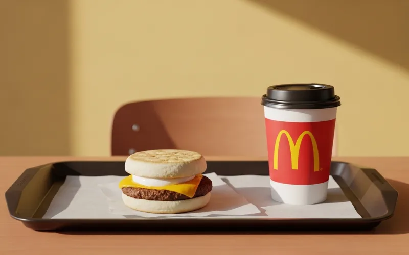 egg mcmuffin with coffee on tray, minimal fast food setting, soft morning light, realistic photography