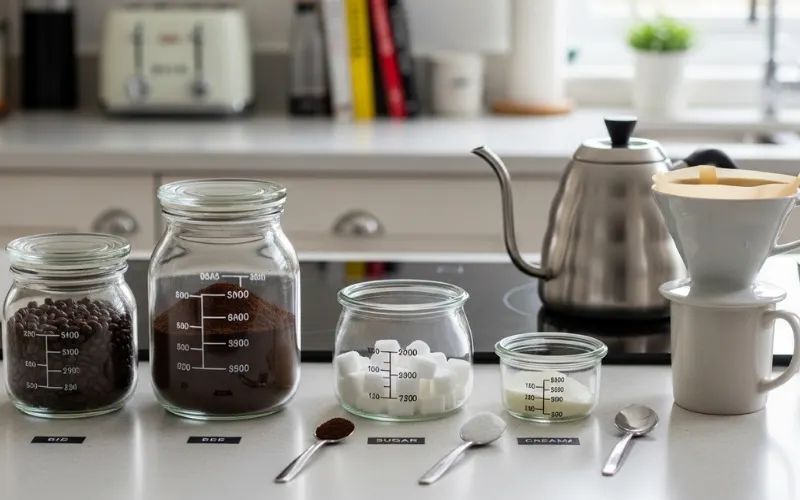 “Glass jars with pre-measured coffee ingredients, organized kitchen prep scene”