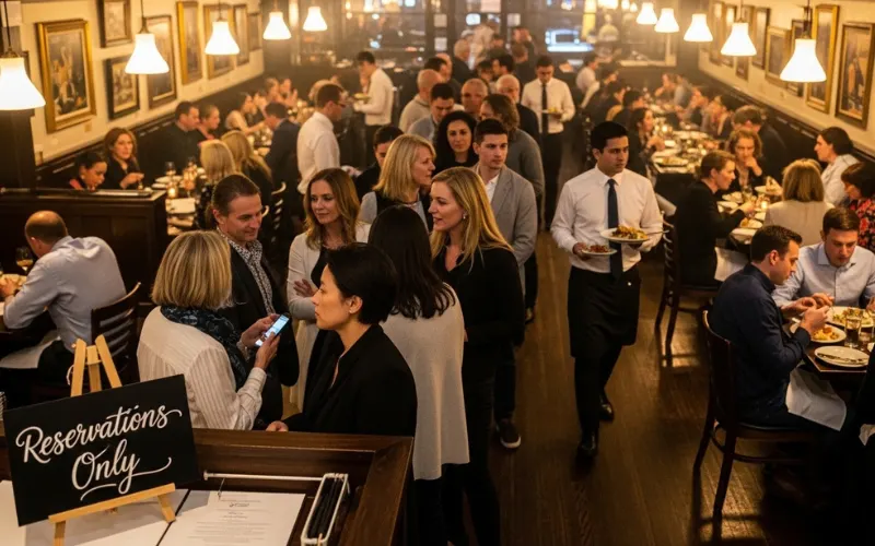 Busy restaurant with reservation sign, people waiting in line