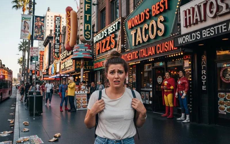 “Tourist looking confused at Hollywood Boulevard restaurants, travel mistake concept photo”