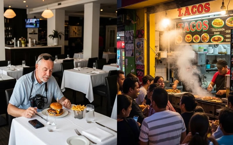 Tourist eating at empty restaurant vs crowded local taco stand