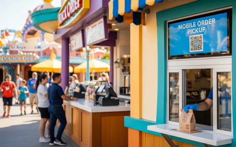 Smartphone mobile food order pickup window, quick service restaurant counter, no line, theme park setting