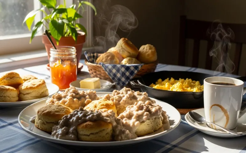 Southern breakfast table, biscuits and gravy, eggs, coffee, cozy morning sunlight