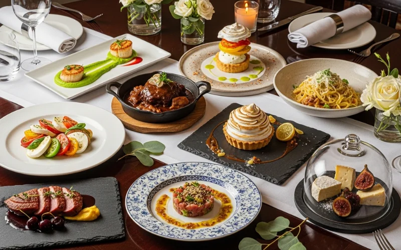 Mix of gourmet dishes from multiple restaurants on elegant table