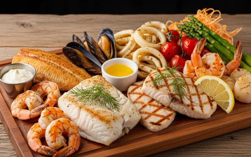 Mixed seafood platter with halibut, mahi-mahi, tilapia
