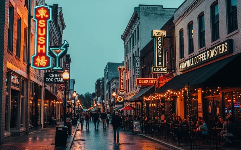 Gay Street Knoxville food scene, trendy restaurants, sushi, cocktails, milkshakes, coffee shops, vibrant street life, neon signs, evening lights, cinematic travel photography style