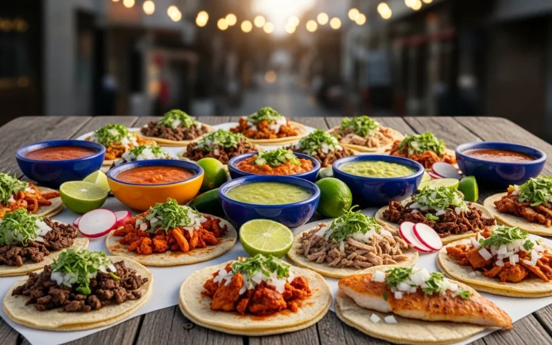 Variety of tacos with colorful salsas on street table