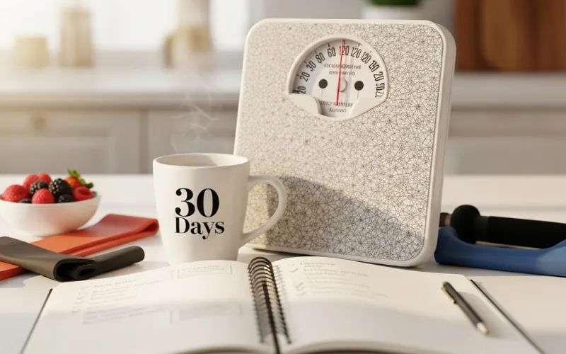 “Calendar with 30 days marked, coffee cup beside, weight loss concept, soft lighting”