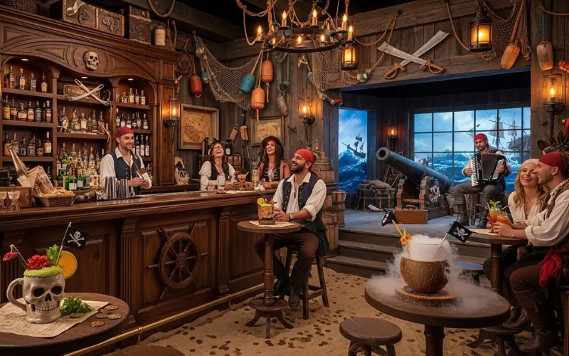 Pirate themed bar interior, themed drinks, Adventureland style restaurant, immersive theme park design