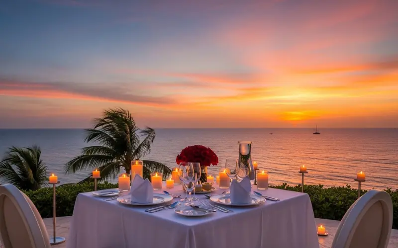 romantic dinner setup, ocean view, candles, sunset fine dining.