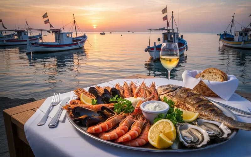 harbor with fishing boats, seafood plate on table, ocean breeze atmosphere.