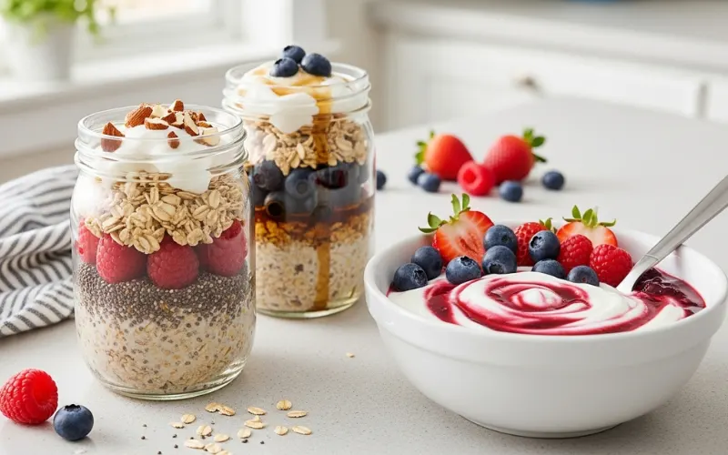 “overnight oats jars with berries and yogurt bowl on kitchen counter, no-cook toddler breakfast”