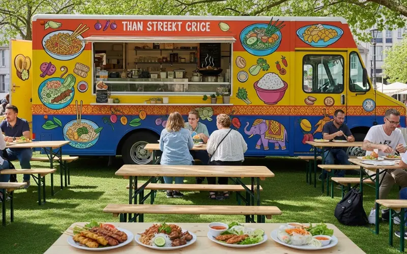 colorful food truck, Thai street food, casual picnic benches outdoors.