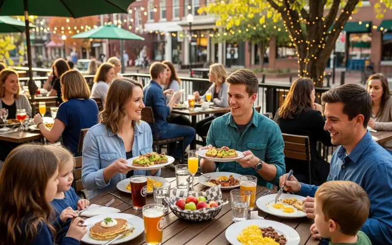 Market Square Knoxville restaurant patio, people eating outdoors, craft beer, brunch food, relaxed family friendly atmosphere, string lights