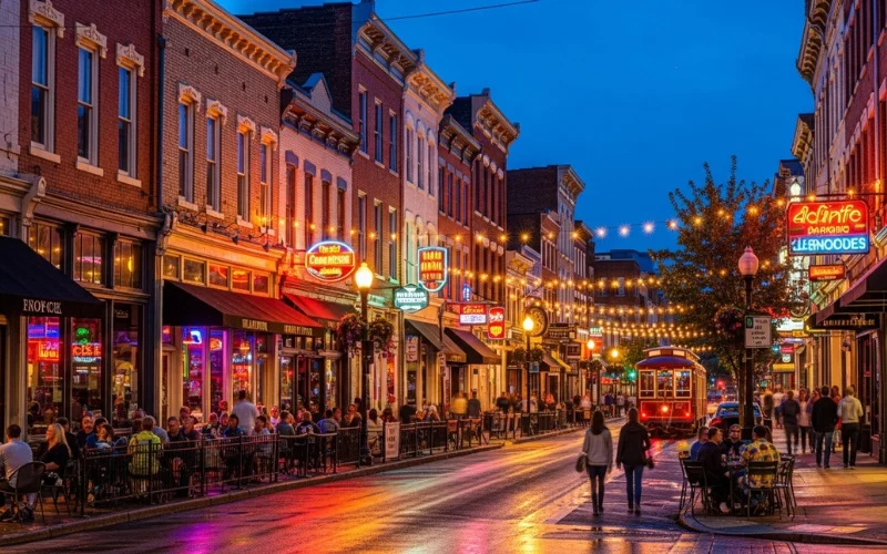 Old City Knoxville historic brick buildings, restaurants and bars, evening lights, lively street scene